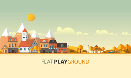 Flat Illustration of town in autumn. Vector Abstract Design.のイラスト素材