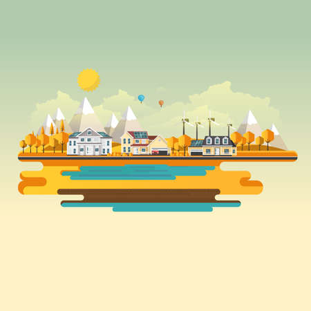 American suburban houses. Eco lifestyle background. Flat design concept vector illustration.のイラスト素材