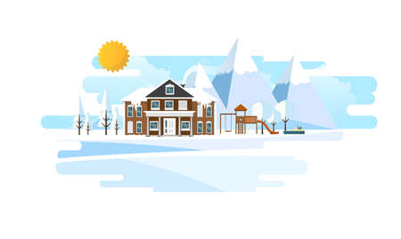 Suburban Home in Winter Landscape Vector Flat Iluustration,のイラスト素材