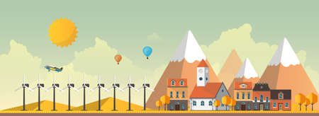 Flat Illustration of town in autumn. Vector Abstract Design.のイラスト素材