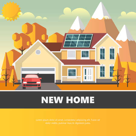 Flat Illuastration of American home in autumn. Vector Abstract Design.のイラスト素材