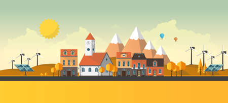 Flat Illustration of town in autumn. Vector Abstract Design.のイラスト素材