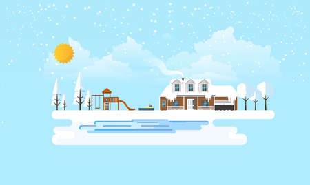 Village in Winter Background. Flat Vector Illustrationのイラスト素材