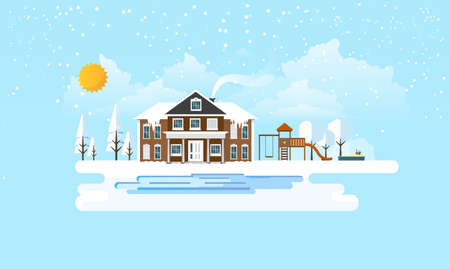 Village in Winter Background. Flat Vector Illustrationのイラスト素材