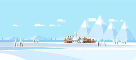 Village in Winter Background. Flat Vector Illustrationのイラスト素材