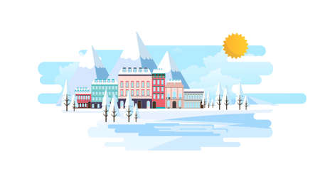 Buildings in Suburban Winter Landscape Vector Illustration Flat,のイラスト素材