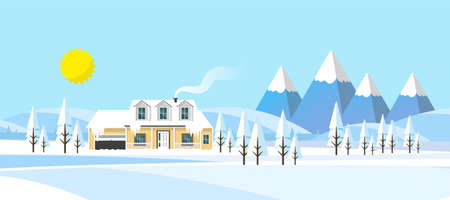 Village in Winter Background. Flat Vector Illustrationのイラスト素材
