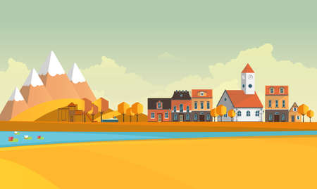 Flat Illustration of town in autumn. Vector Abstract Design.のイラスト素材