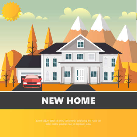Flat Illuastration of American home in autumn. Vector Abstract Design.のイラスト素材