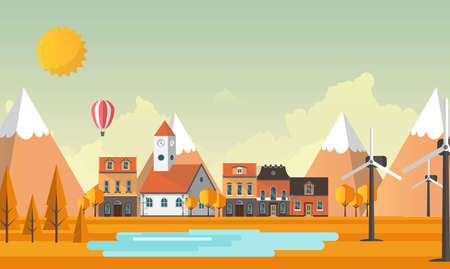 Flat Illustration of town in autumn. Vector Abstract Design.のイラスト素材