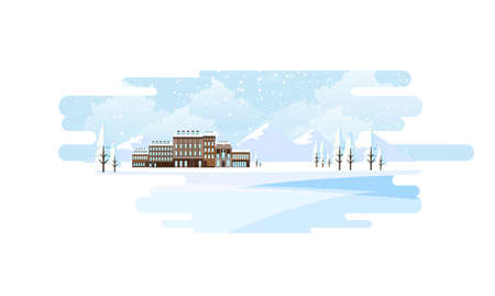Wood House in Winter Landscape Background. Flat Design Vector Illustrationのイラスト素材