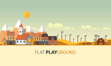 Flat Illustration of town in autumn. Vector Abstract Design.のイラスト素材