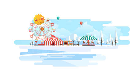 Flat illustration of amusement park at daytime in winter illustrationのイラスト素材