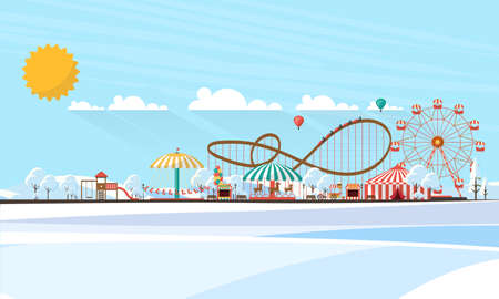 Flat illustration of amusement park at daytime in winter illustrationのイラスト素材