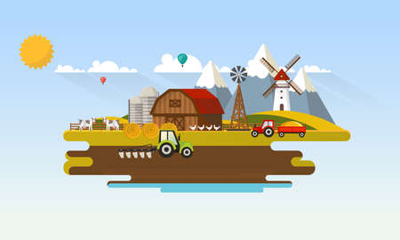 Colorful Abstract Design of Flat Agricultural Rural Landscape, Vector Illustration.のイラスト素材