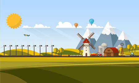 Colorful Abstract Design of Flat Agricultural Rural Landscape, Vector Illustration.のイラスト素材