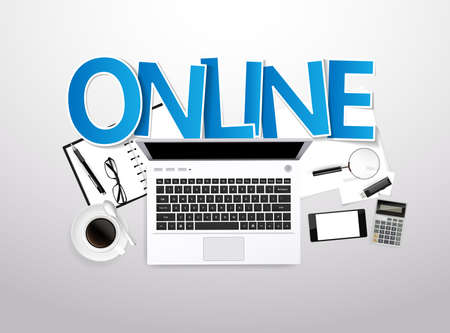 Vector Top View of Workplace with e-commerce elements,のイラスト素材
