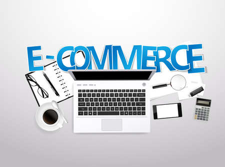 Vector Top View of Workplace with e-commerce elements,のイラスト素材