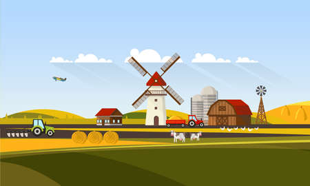 Colorful Abstract Design of Flat Agricultural Rural Landscape, Vector Illustration.のイラスト素材