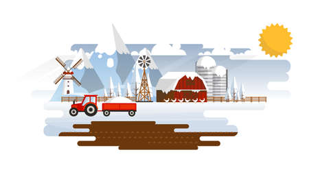 Abstract Landscape in Winter Farmland Flat Design. Vector Illustration.のイラスト素材