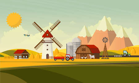 Colorful Flat Design of Agricultural Rural Landscape, Vector Illustration.のイラスト素材