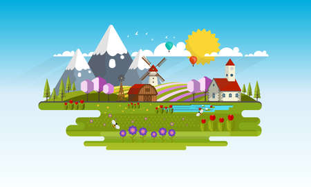 Vector Beautiful Spring Landscape in Flat Design Styleのイラスト素材