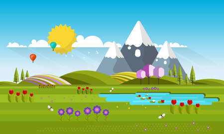 Vector Beautiful Spring Landscape in Flat Design Styleのイラスト素材