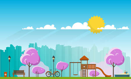 Public park in Spring Season. Flat Vector illustration.のイラスト素材