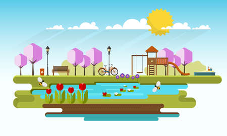 Public park in Spring Season. Flat Vector illustration.のイラスト素材
