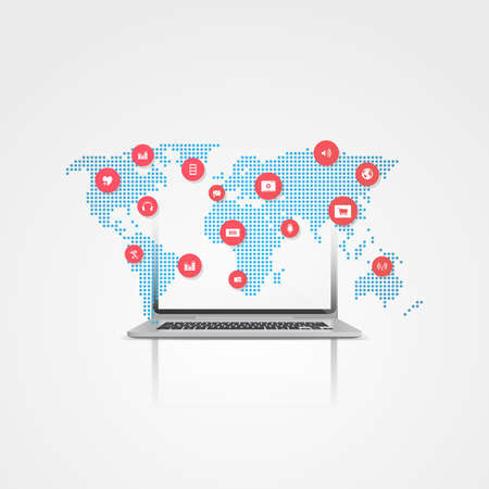 Abstract Cloud Computing and Network Connections Global Design Concept with Laptop, Editable Vector Illustration in Format.のイラスト素材