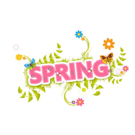 Spring Vector Design. Erin Lett Spring with flowers and green bush.のイラスト素材