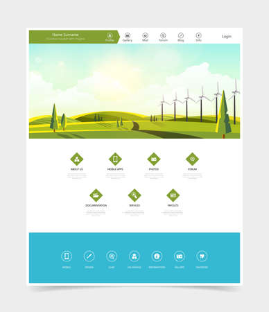 Website Template Header and Landscape with Wind Turbines.のイラスト素材