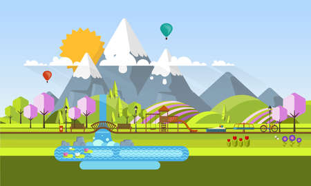 Vector Beautiful Spring Landscape in Flat Design Style with Playground.のイラスト素材