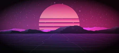 80s Retro Sci-Fi Background with Sunrise or Sunset. Vector retro futuristic synth wave illustration posters in 1980s style. Vector Illustation,のイラスト素材