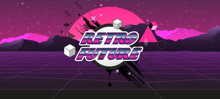 80s Retro Sci-Fi Background with Sunrise or Sunset. Vector retro futuristic synth wave illustration posters in 1980s style. Vector Illustation,のイラスト素材