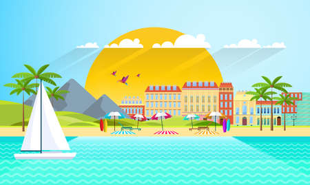 Flat Summer Background design. Vector Beach Landscape.のイラスト素材