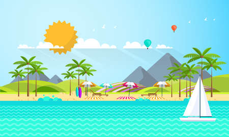 Flat Summer Background design. Vector Beach Landscape.のイラスト素材