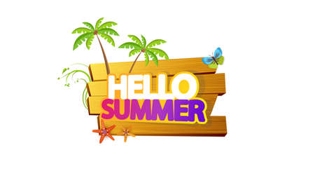 Hello Summer Vector Abstract Design on Wooden Board.のイラスト素材