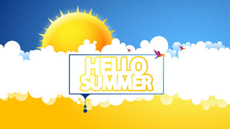 Hello Summer Abstract Vector Design with Rising Sun and Other Summer Design Elementsのイラスト素材
