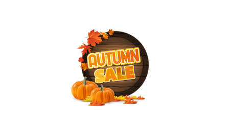 Vector Autumn Background Design, with orange leaves and wooden barrel with space for your text. Isolated on white.のイラスト素材