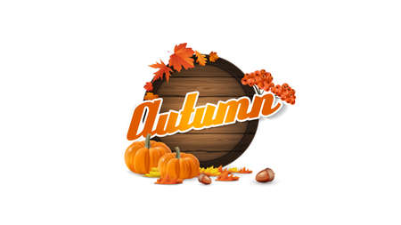 Vector Autumn Background Design, with orange leaves and wooden barrel with space for your text. Isolated on white.のイラスト素材