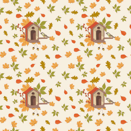 A Vector autumn pattern design, pastel colored leaves and birds.のイラスト素材