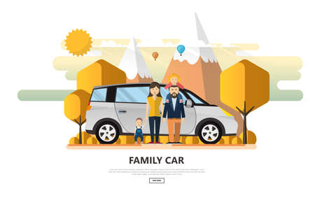 Happy Family With Family Car in Outdoor Park. Vector Illustration.のイラスト素材