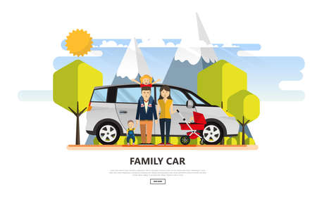 Happy Family With Family Car in Outdoor Park. Vector Illustration.のイラスト素材