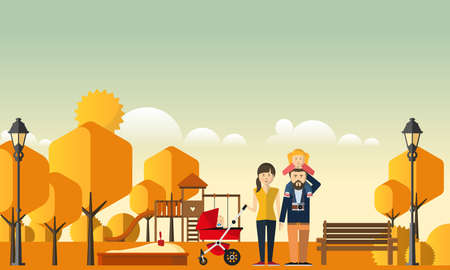 Family Autumn Background. Happy family in autumn park.のイラスト素材