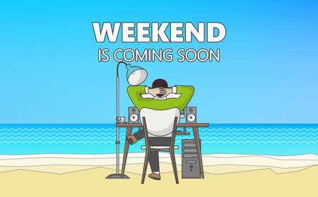 Flat Vector Graphics of Businessman on the Beach. Businessman dreaming in the office.のイラスト素材