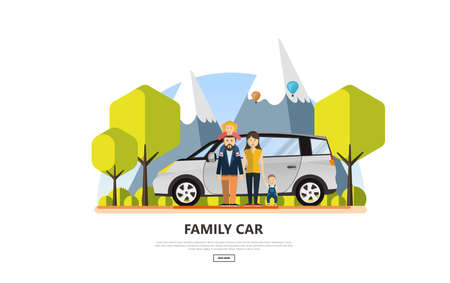 Happy Family With Family Car in Outdoor Park. Vector Illustration.のイラスト素材