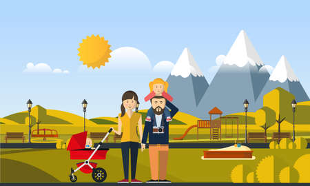 Happy Big Family in The Park Flat Style Vector Illustrationのイラスト素材