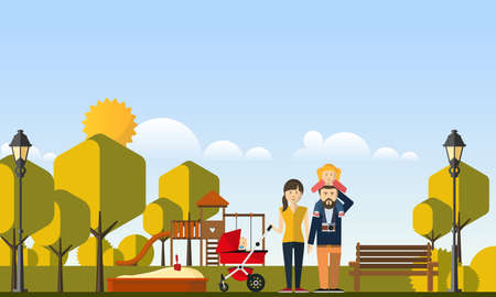 Happy Big Family in The Park Flat Style Vector Illustration Eps10のイラスト素材