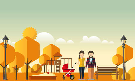 Family Autumn Background. Happy family in autumn park.のイラスト素材